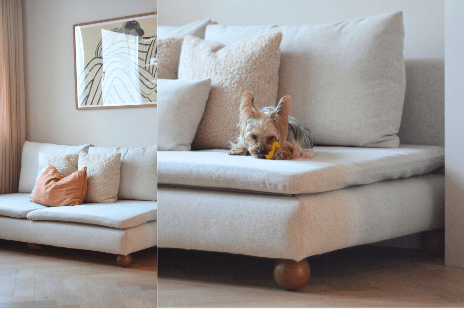 Close-up of sofa corner with rounded wooden otto legs and a small dog resting on the sofa