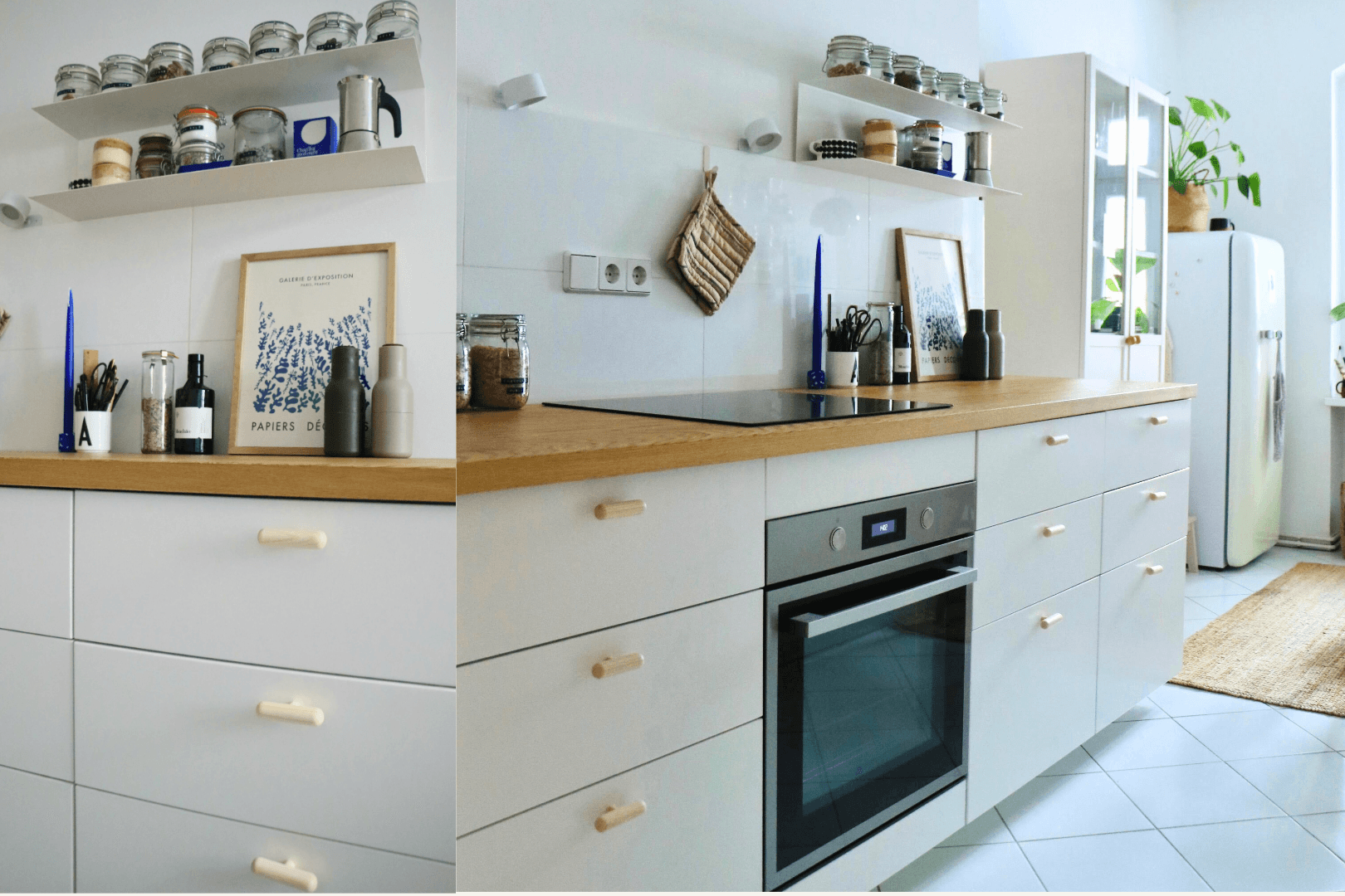 Kitchen cabinets with wooden handles and light worktop in a bright, minimal kitchen