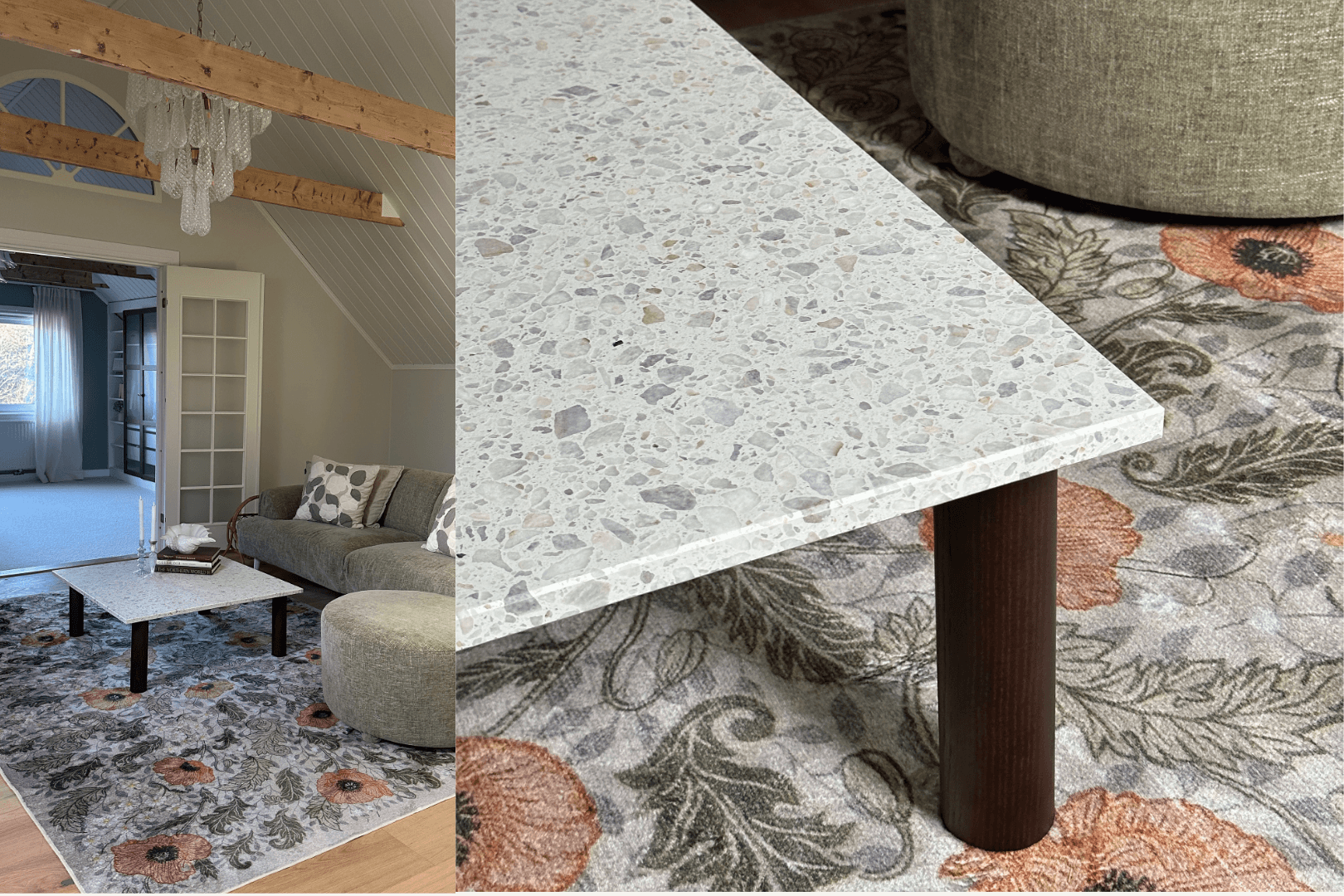 Terrazzo coffee table with dark wooden legs in a living room with patterned rug