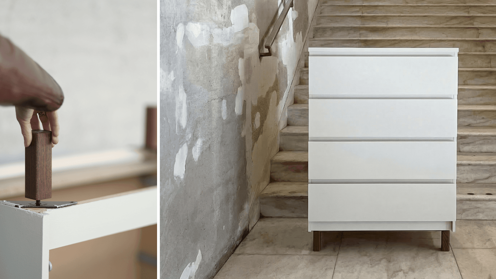 Attaching wooden furniture leg to IKEA MALM dresser using fitting plate and finished result with legs