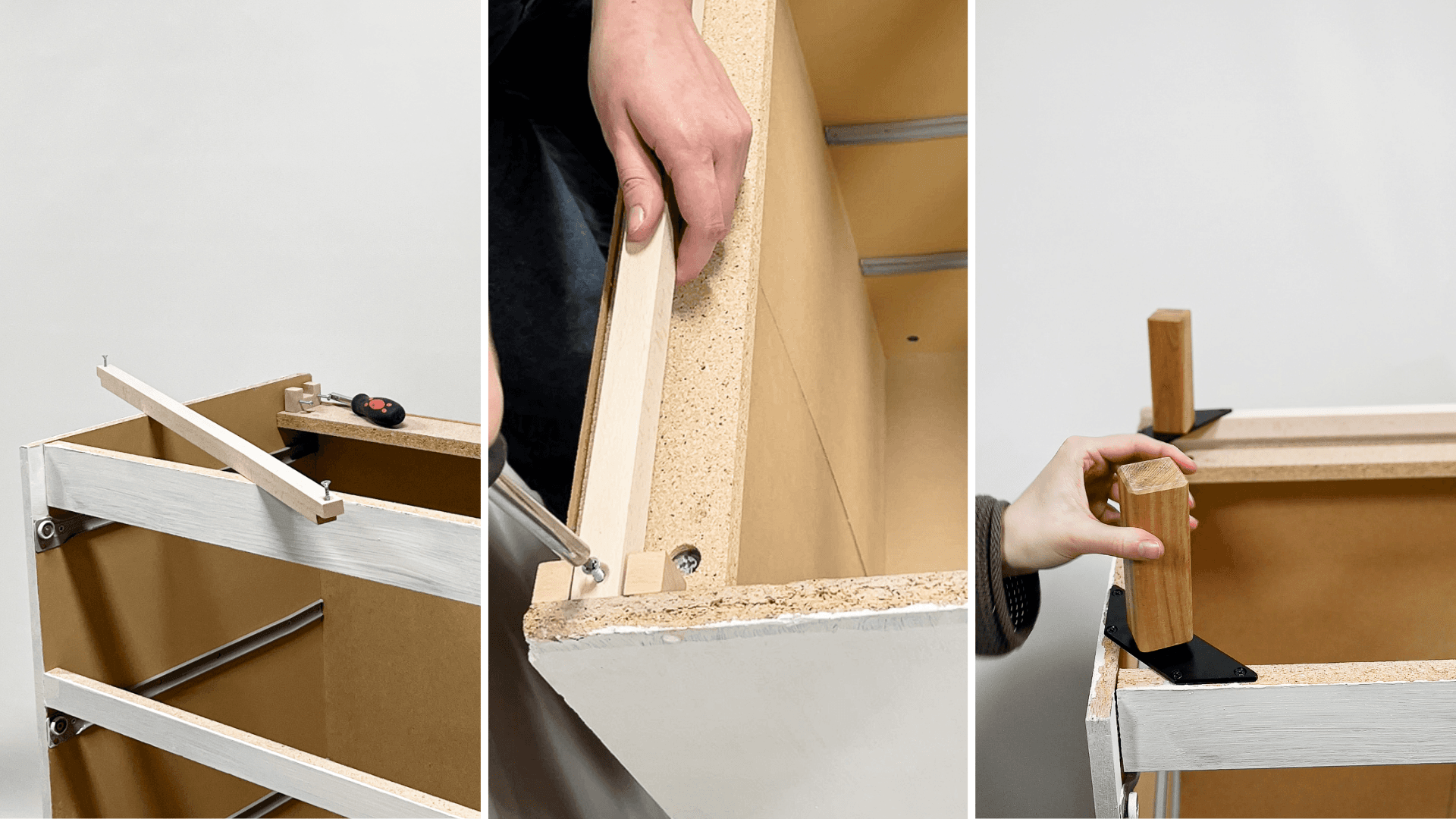 Installing MALM bracket inside IKEA dresser with wooden supports and mounting furniture legs