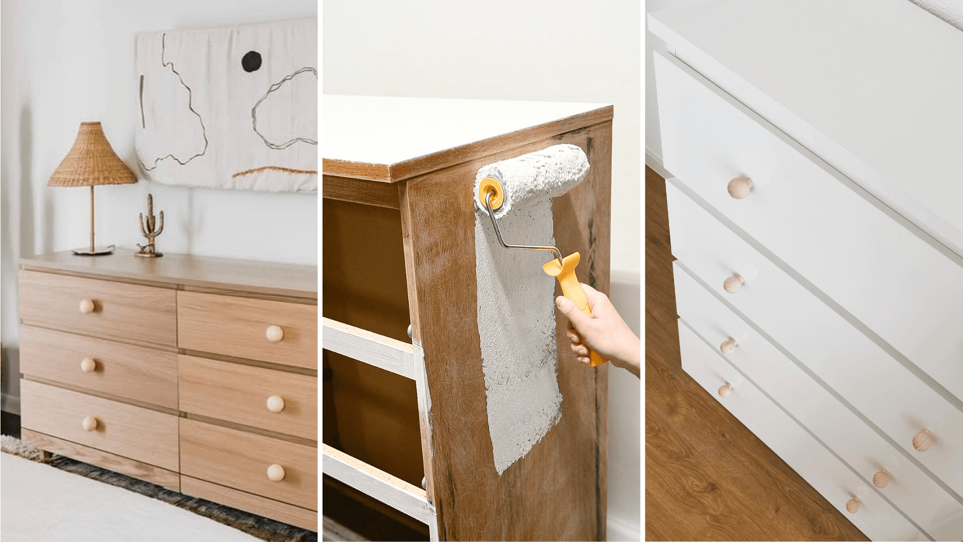 IKEA MALM dresser makeover with painting process and new wooden knobs and legs