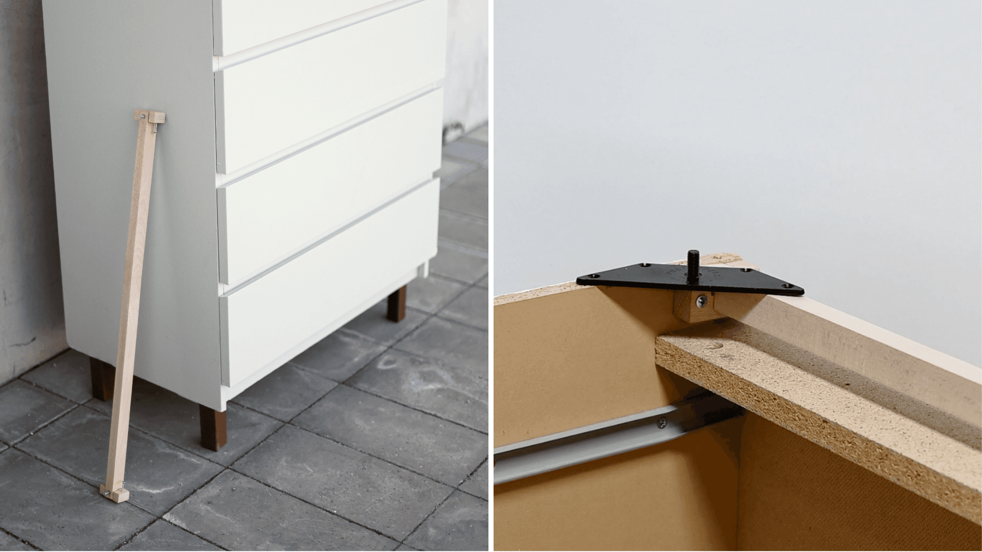 MALM bracket installed inside IKEA dresser to enable attachment of furniture legs