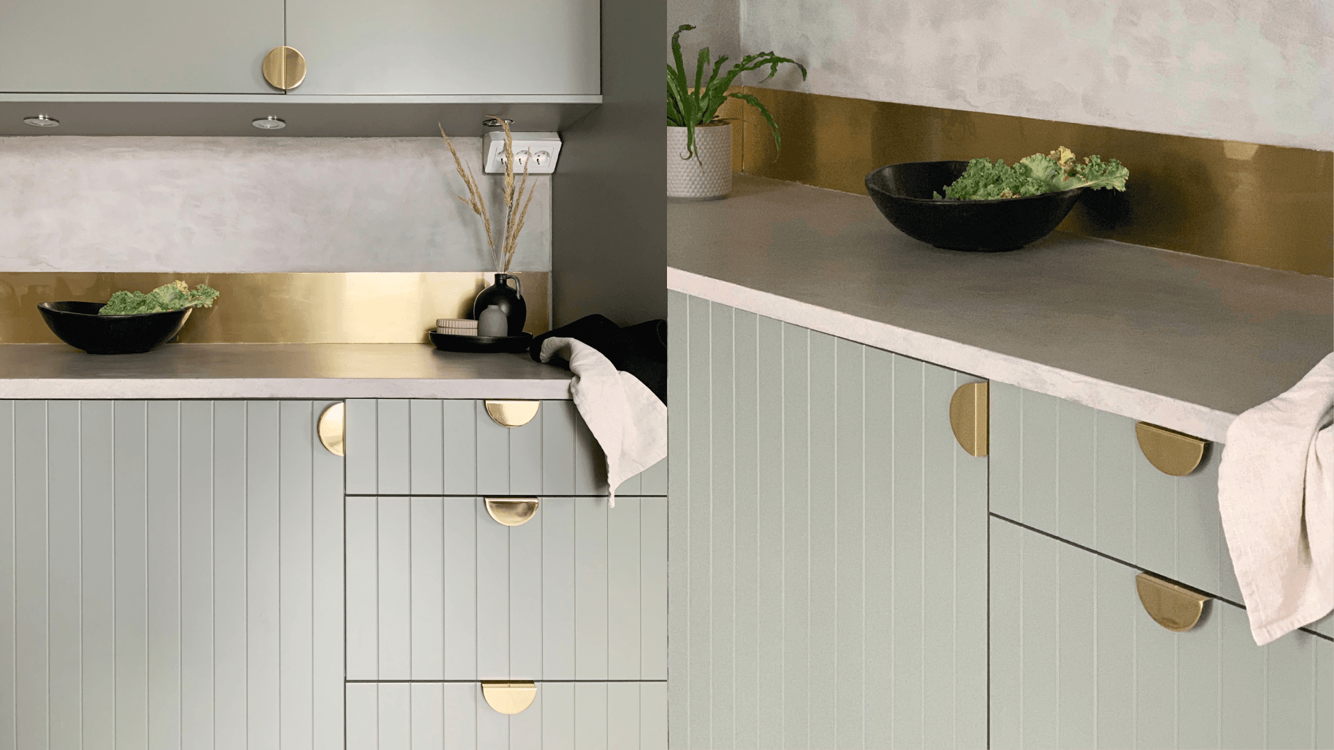 Sage green kitchen with brass handles and backsplash, styled with Prettypegs half-moon knobs.