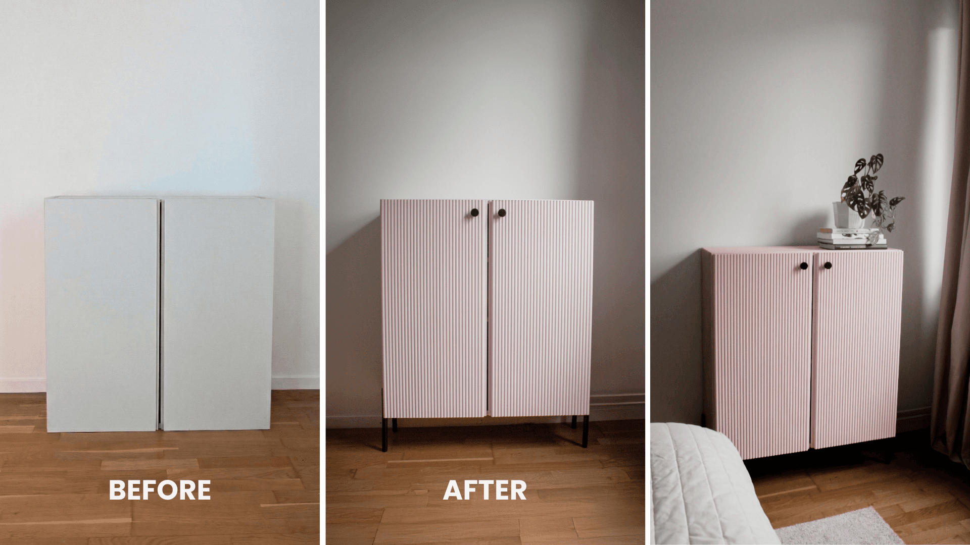 Before and after IKEA IVAR cabinet hack showing transformation from plain IVAR cabinet to pink fluted cabinet with legs and knobs