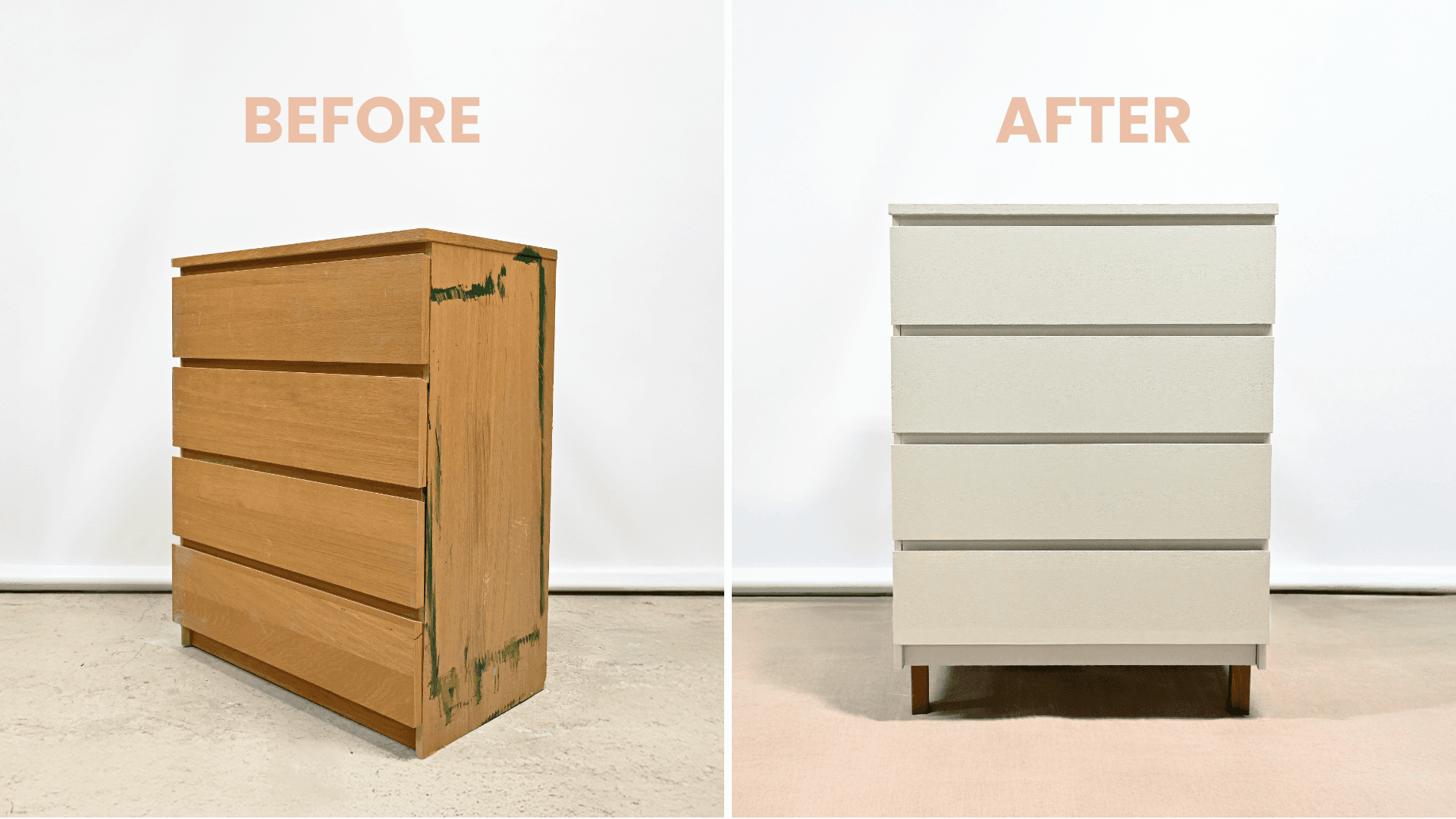 Before and after IKEA MALM dresser makeover with added legs and painted finish