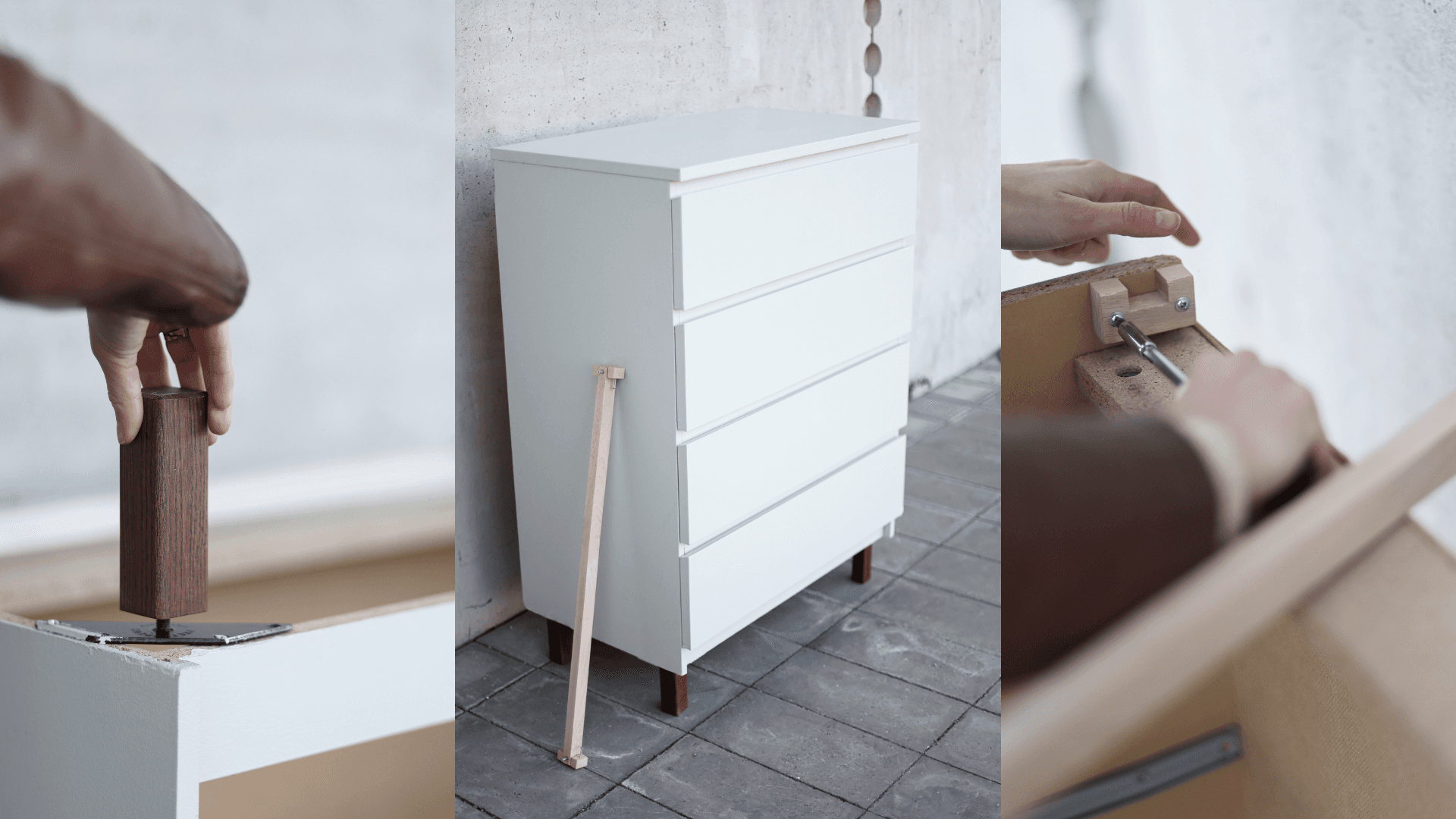 Step by step installation of MALM bracket and furniture legs on an IKEA MALM dresser