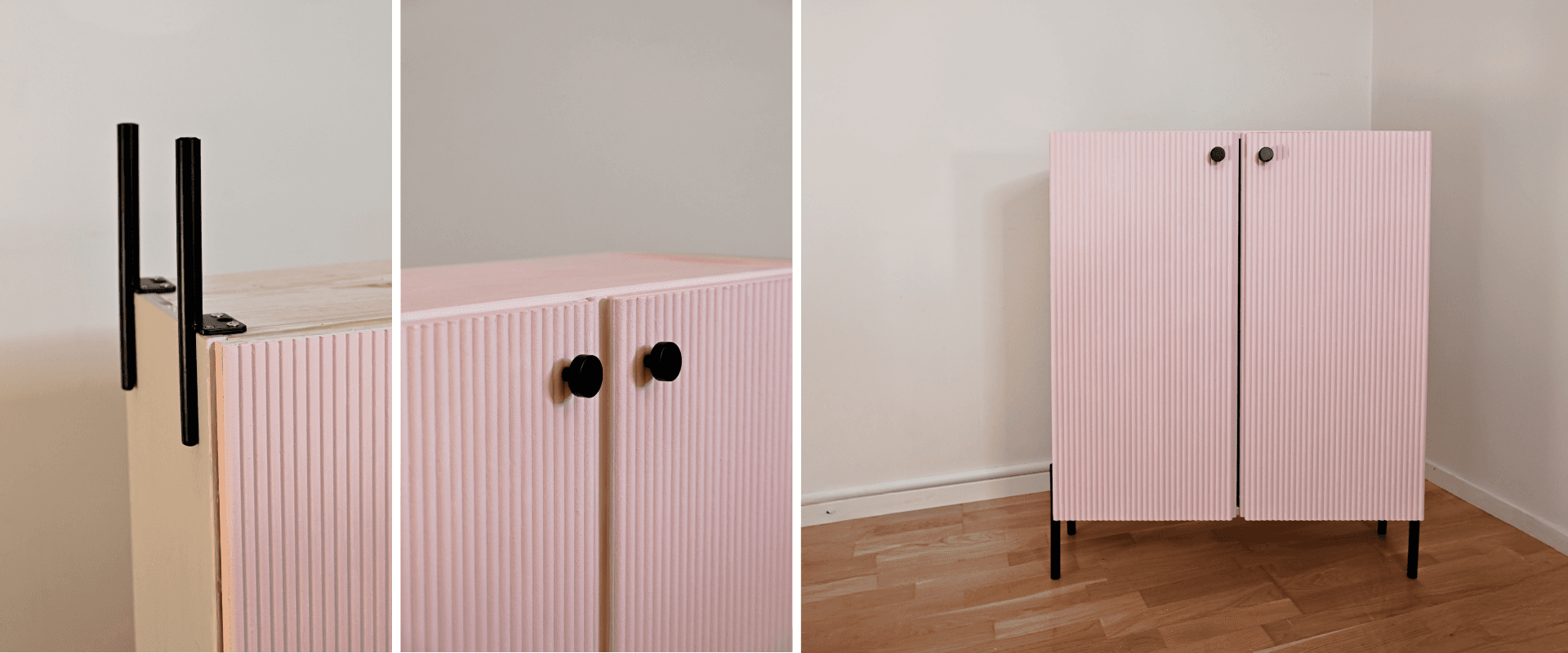 IKEA IVAR cabinet makeover with fluted panels, black cabinet knobs and slim black furniture legs