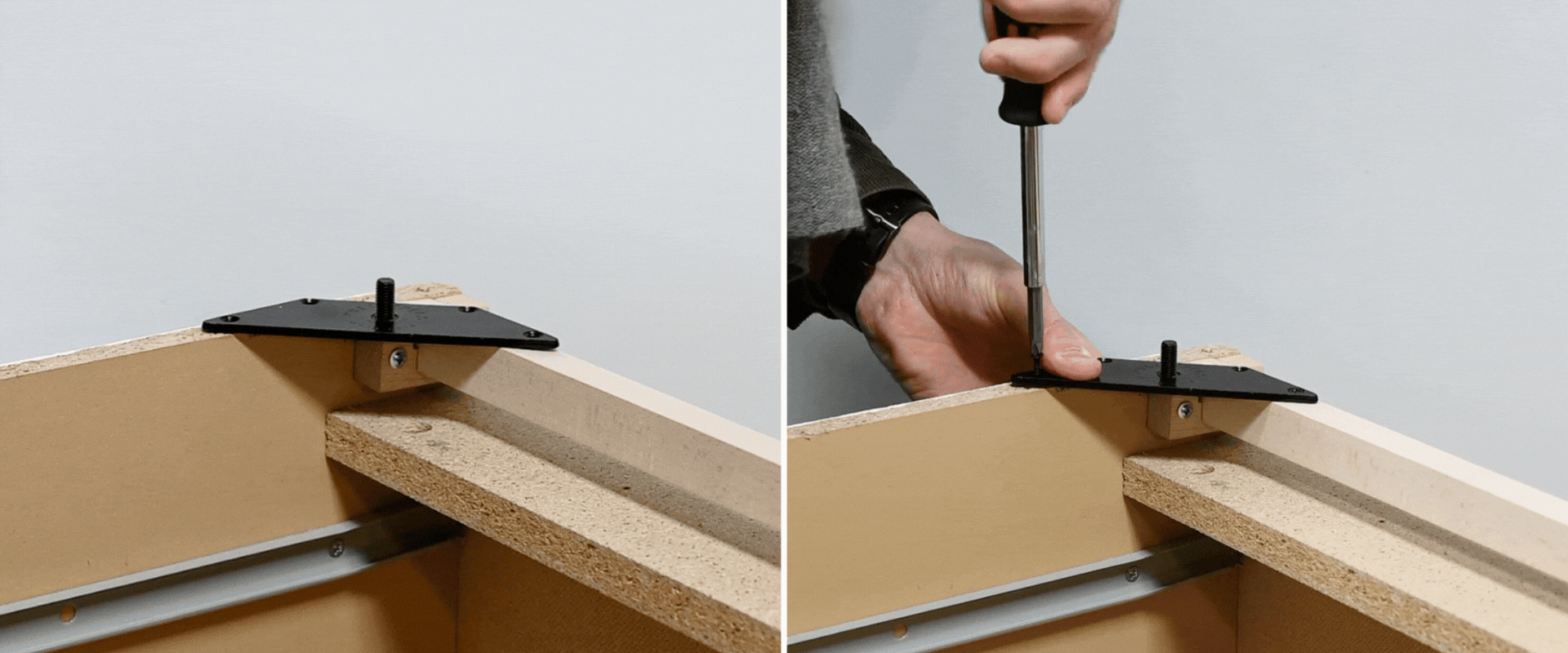 Installing a fitting plate on IKEA MALM dresser using a support bracket to attach furniture legs