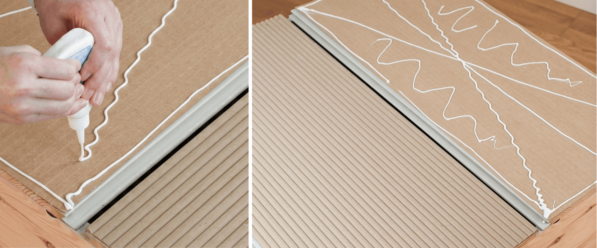 Applying wood glue to the back of fluted panels before attaching them to IKEA IVAR cabinet doors 