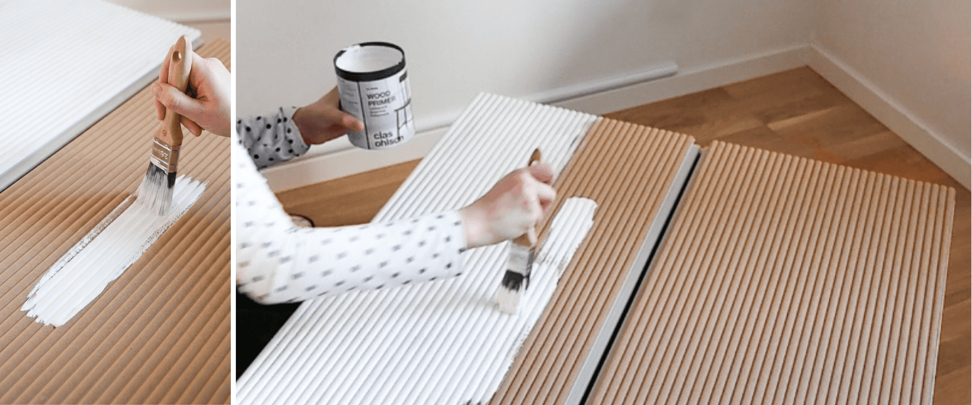 Applying primer to fluted panels before painting an IKEA IVAR cabinet hack 