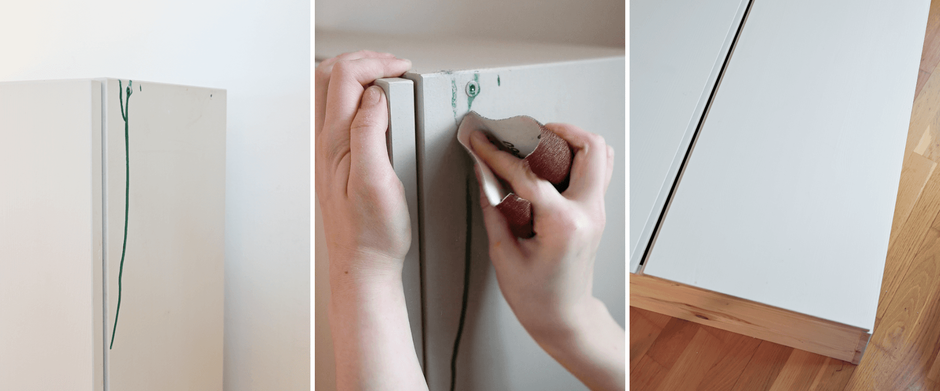 Sanding the surface of an IKEA IVAR cabinet door to prepare it for installing decorative fluted panels
